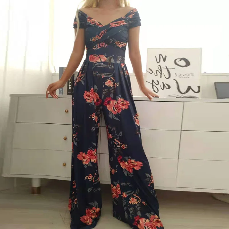 Women Striped Off The Shoulder Short Sleeve Casual Summer Jumpsuit