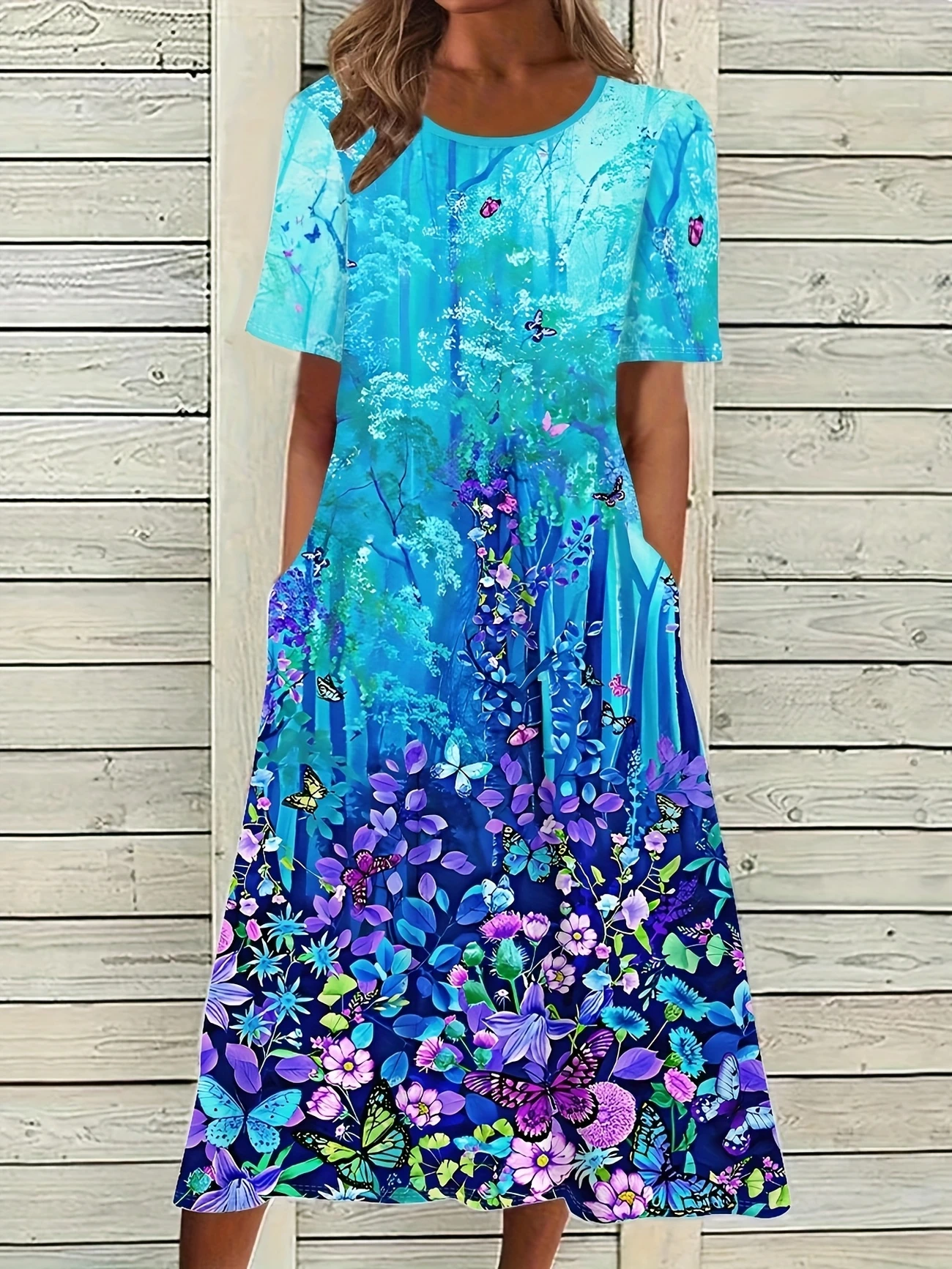 Women Floral Half Sleeve Summer Printing Dress Crew Neck Daily Casual Maxi A-Line Dress
