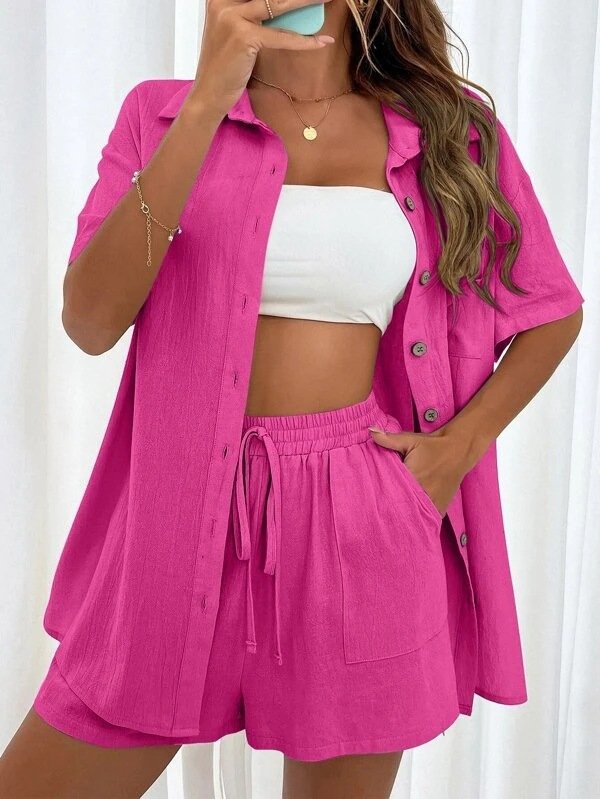 Women Plain Split Joint Two-Piece Set Daily Short Sleeve Casual Summer Top With Pants Matching Set
