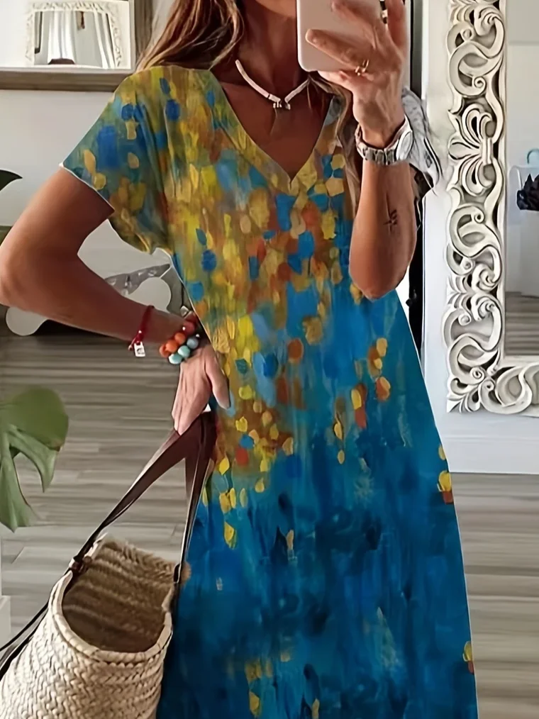 Women Abstract Short Sleeve Summer Printing Dress V Neck Daily Casual Maxi X-Line Dress