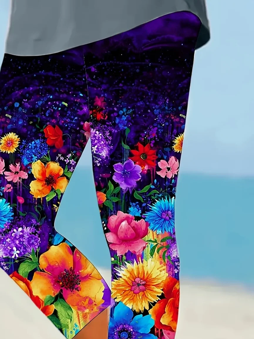 Women Floral Capris Elastic Waist Pants Casual Summer Trousers