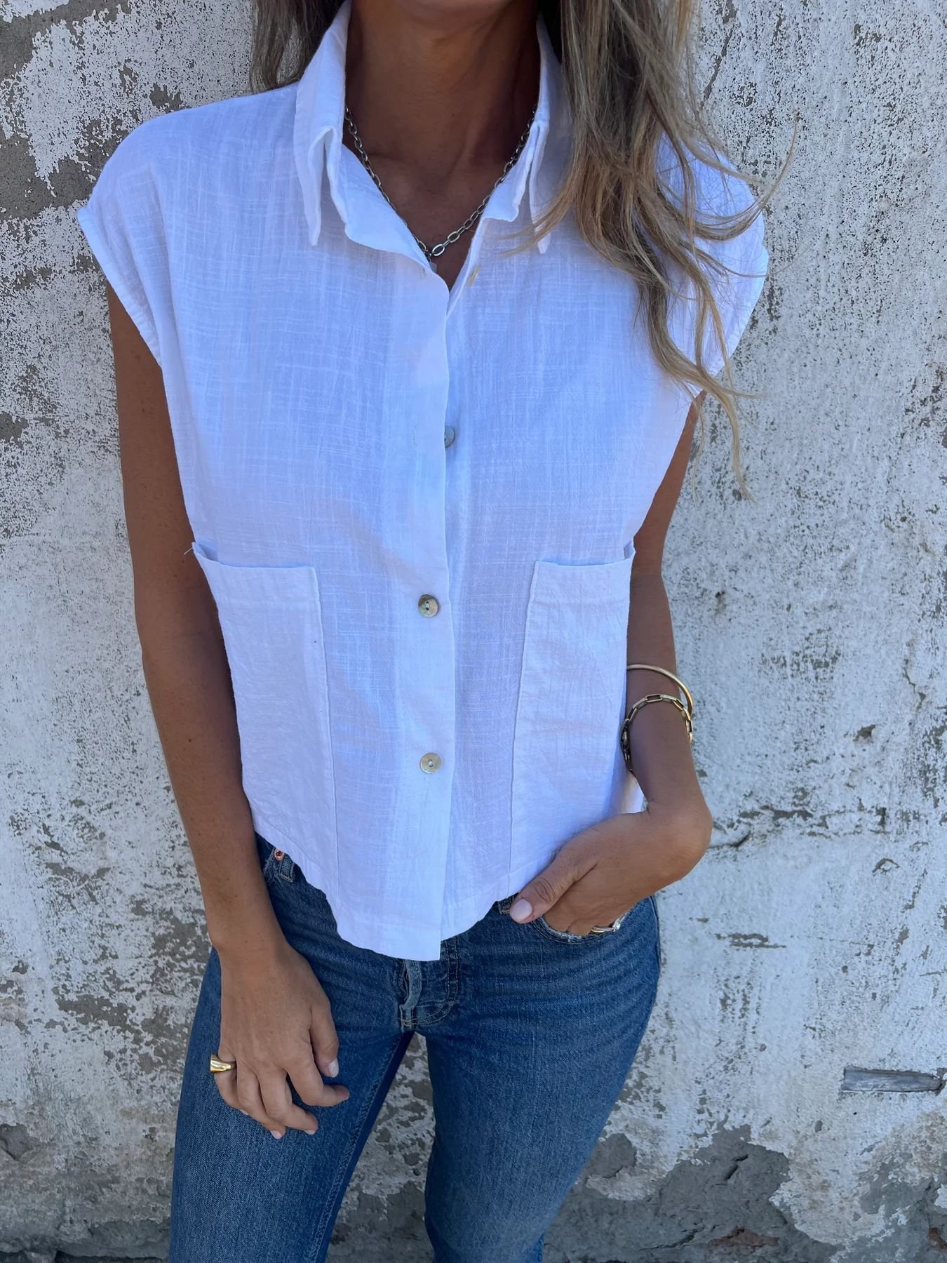 Women Plain Short Sleeve Shirt Summer Buckle Shawl Collar Daily Casual Top