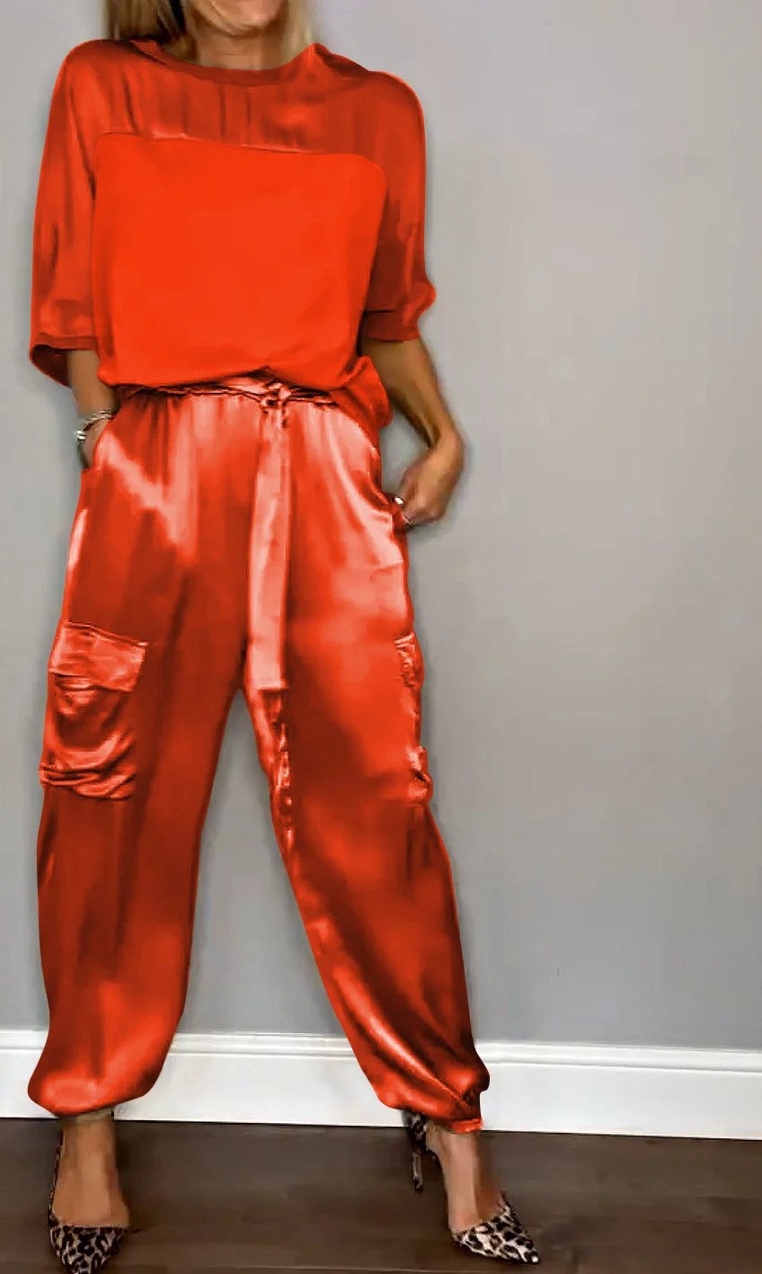 Women Plain Pocket Stitching Two-Piece Set Daily Half Sleeve Casual Summer Top With Pants Matching Set