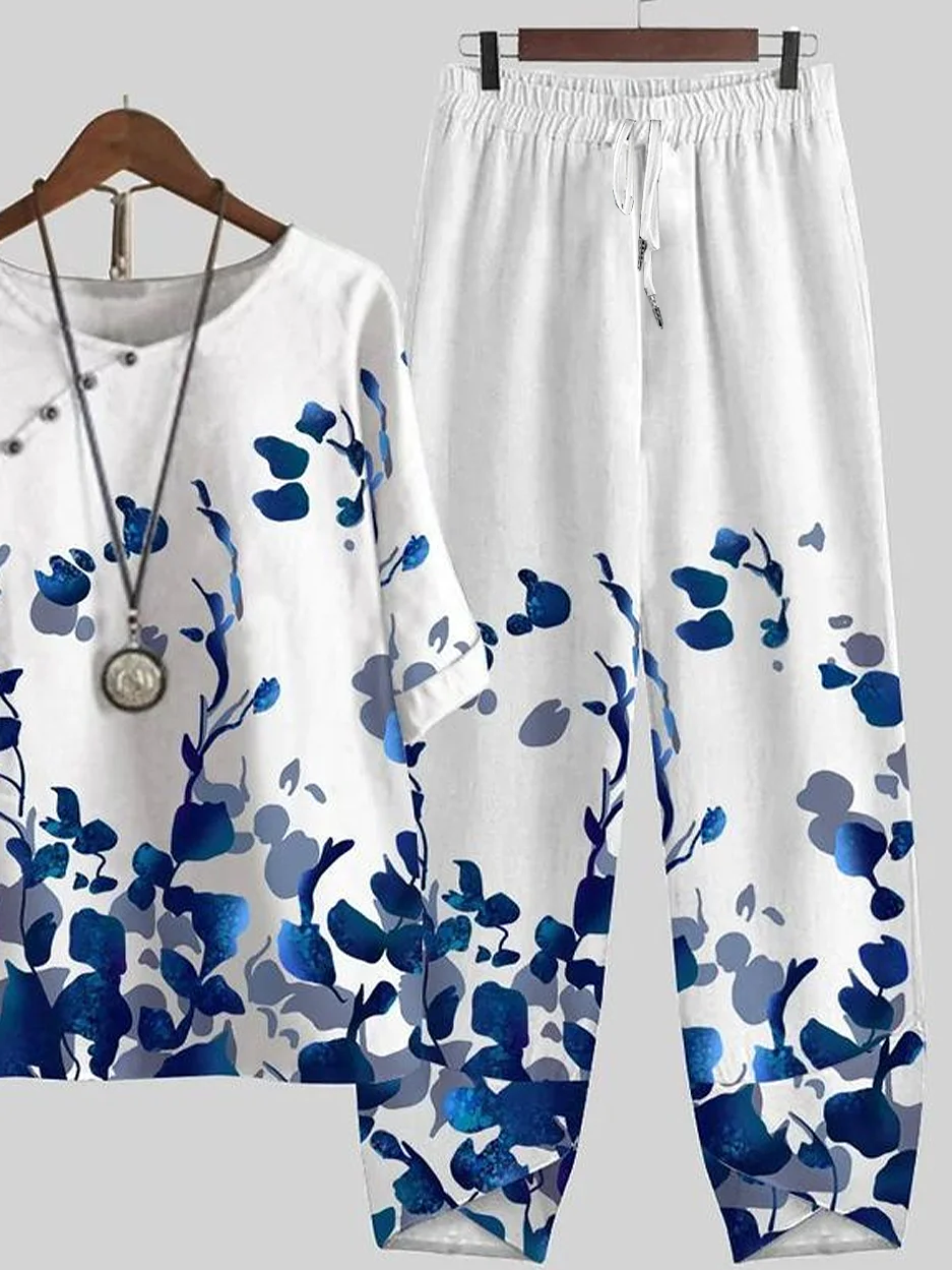 Women Floral Printing Two-Piece Set Daily Half Sleeve Casual Summer Top With Pants Matching Set