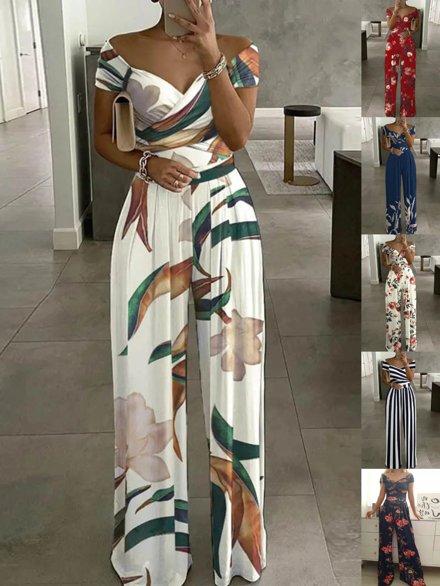 Women Striped Off The Shoulder Short Sleeve Casual Summer Jumpsuit