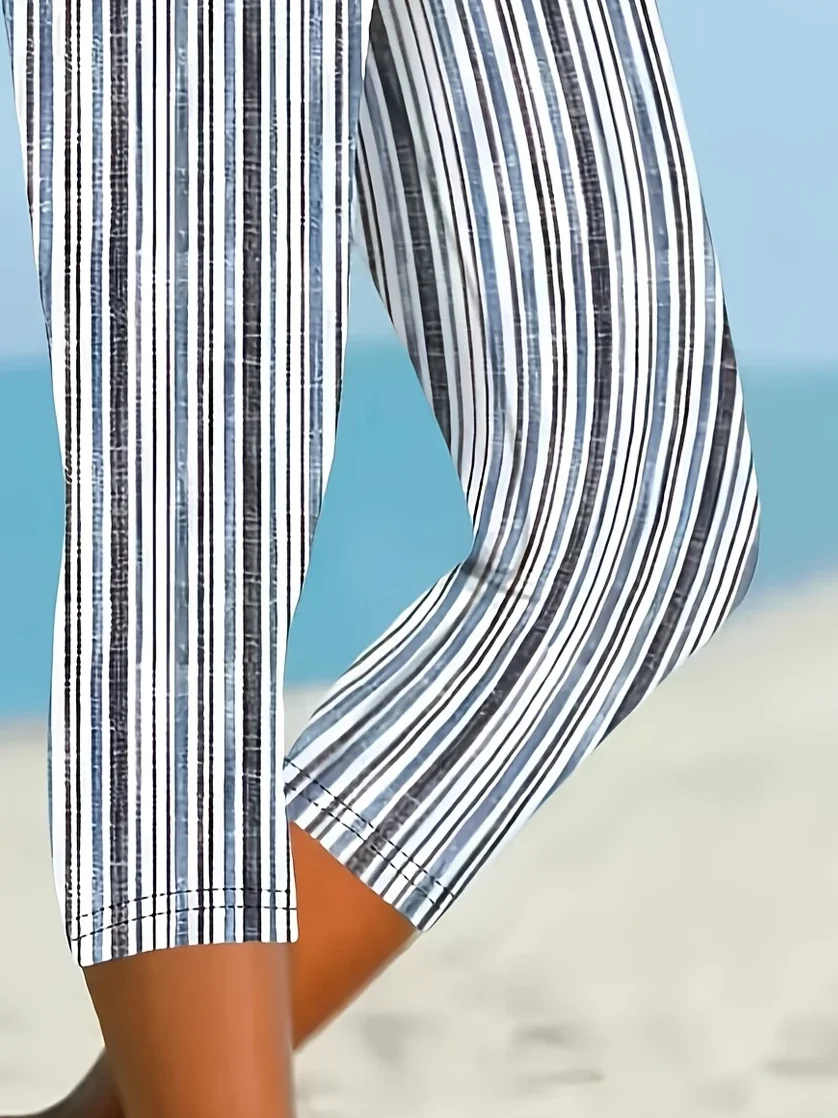 Women Striped Capris Elastic Waist Pants Casual Summer Trousers