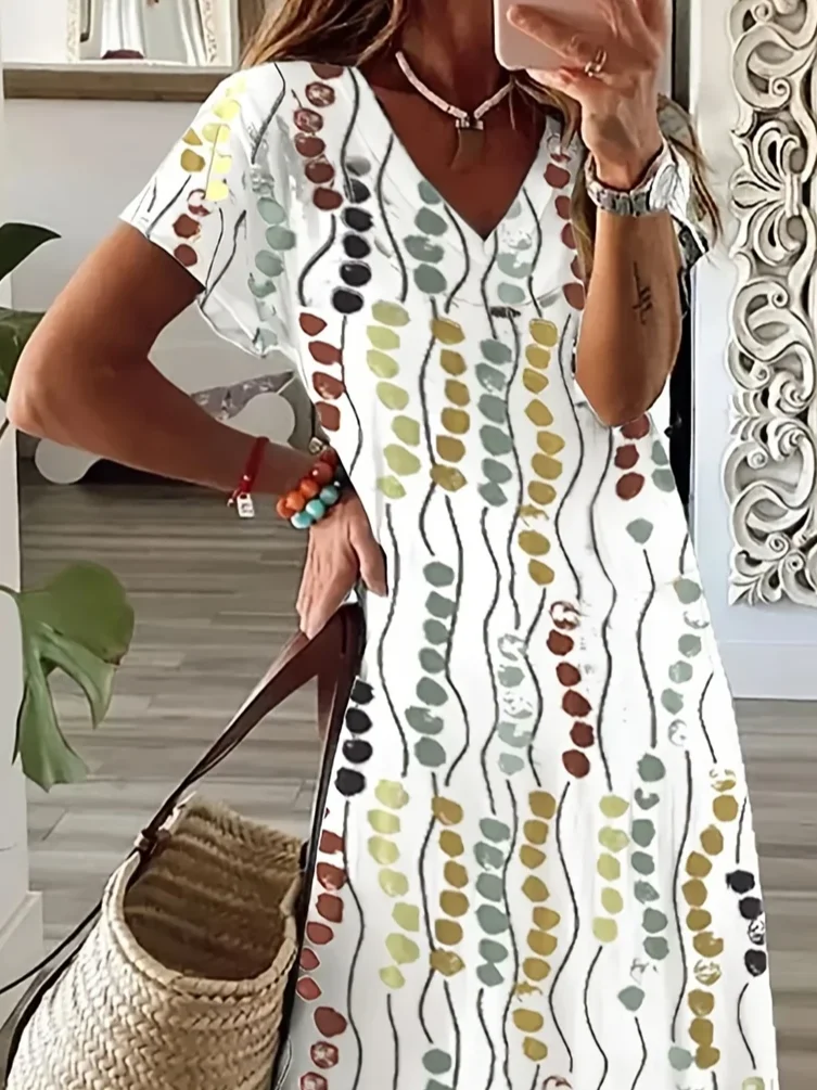 Women Abstract Polka Dots Short Sleeve Summer Printing Dress V Neck Daily Casual Maxi X-Line Dress
