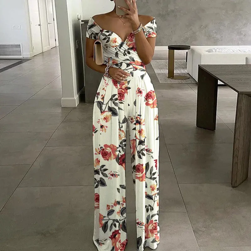 Women Striped Off The Shoulder Short Sleeve Casual Summer Jumpsuit