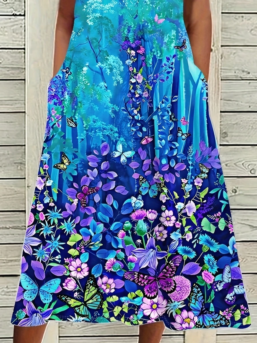 Women Floral Half Sleeve Summer Printing Dress Crew Neck Daily Casual Maxi A-Line Dress