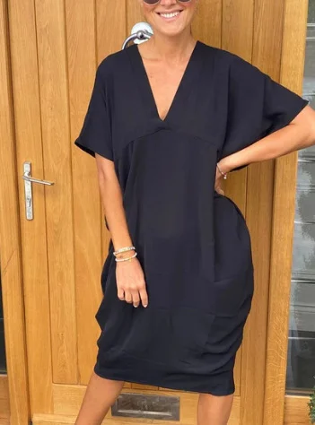 Women Plain Half Sleeve Summer Slit Dress V Neck Daily Casual Maxi Tank A-Line Dress