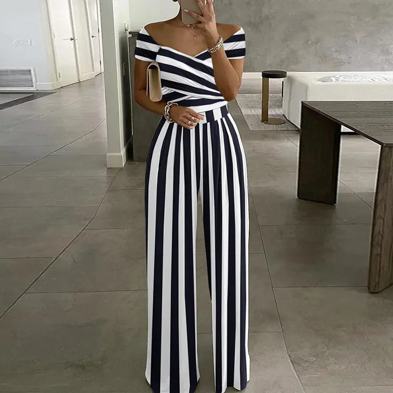 Women Striped Off The Shoulder Short Sleeve Casual Summer Jumpsuit
