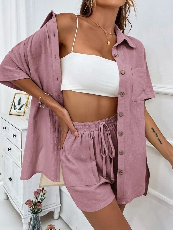Women Plain Split Joint Two-Piece Set Daily Short Sleeve Casual Summer Top With Pants Matching Set