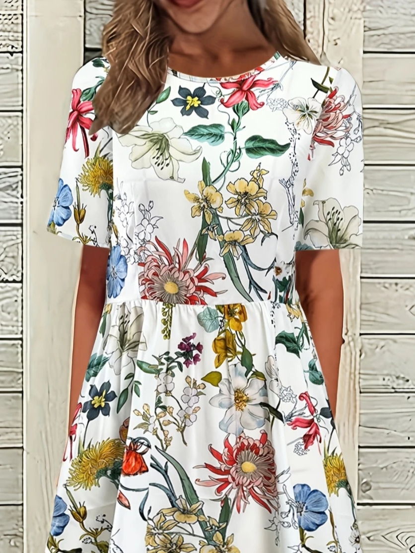 Women Floral Half Sleeve Summer Printing Dress Crew Neck Daily Casual Maxi A-Line Dress