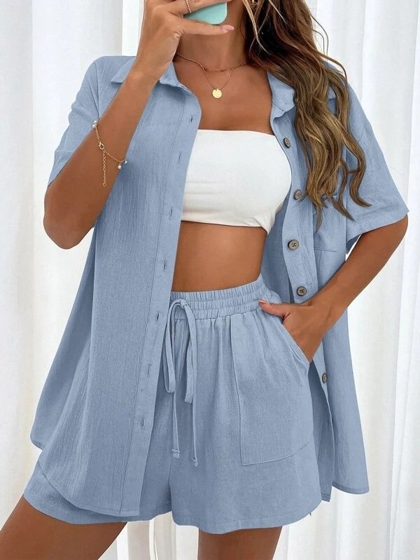 Women Plain Split Joint Two-Piece Set Daily Short Sleeve Casual Summer Top With Pants Matching Set