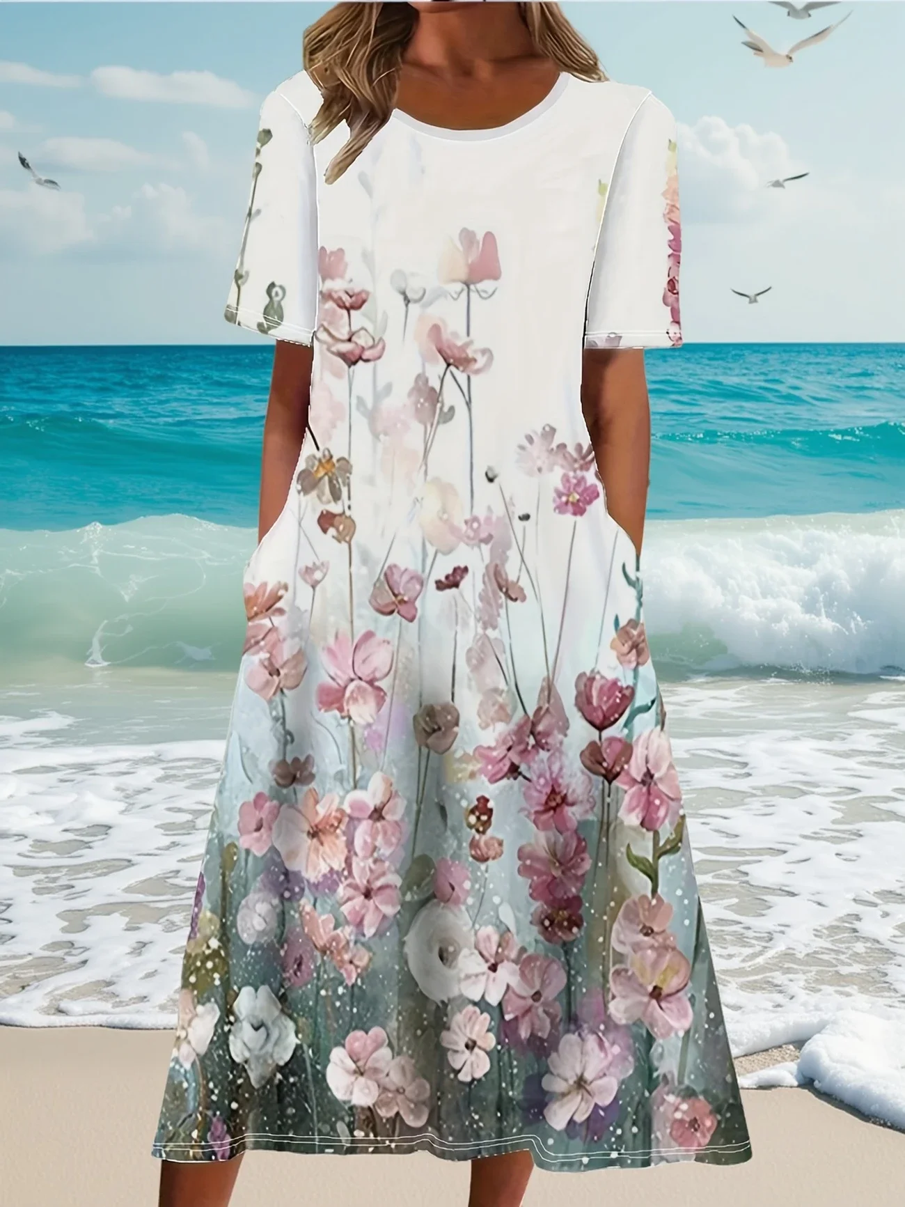 Women Floral Half Sleeve Summer Printing Dress Crew Neck Daily Casual Maxi A-Line Dress