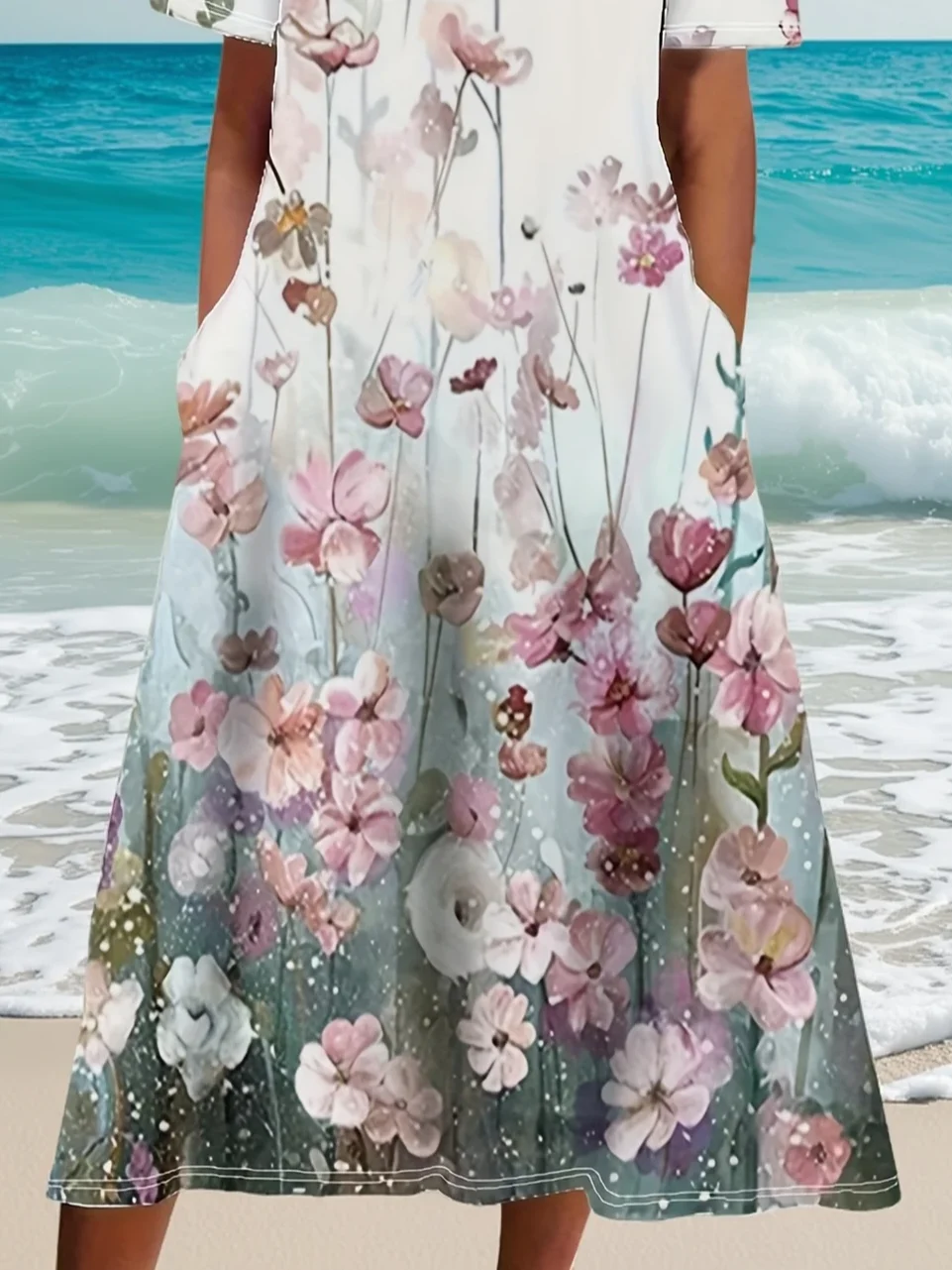Women Floral Half Sleeve Summer Printing Dress Crew Neck Daily Casual Maxi A-Line Dress
