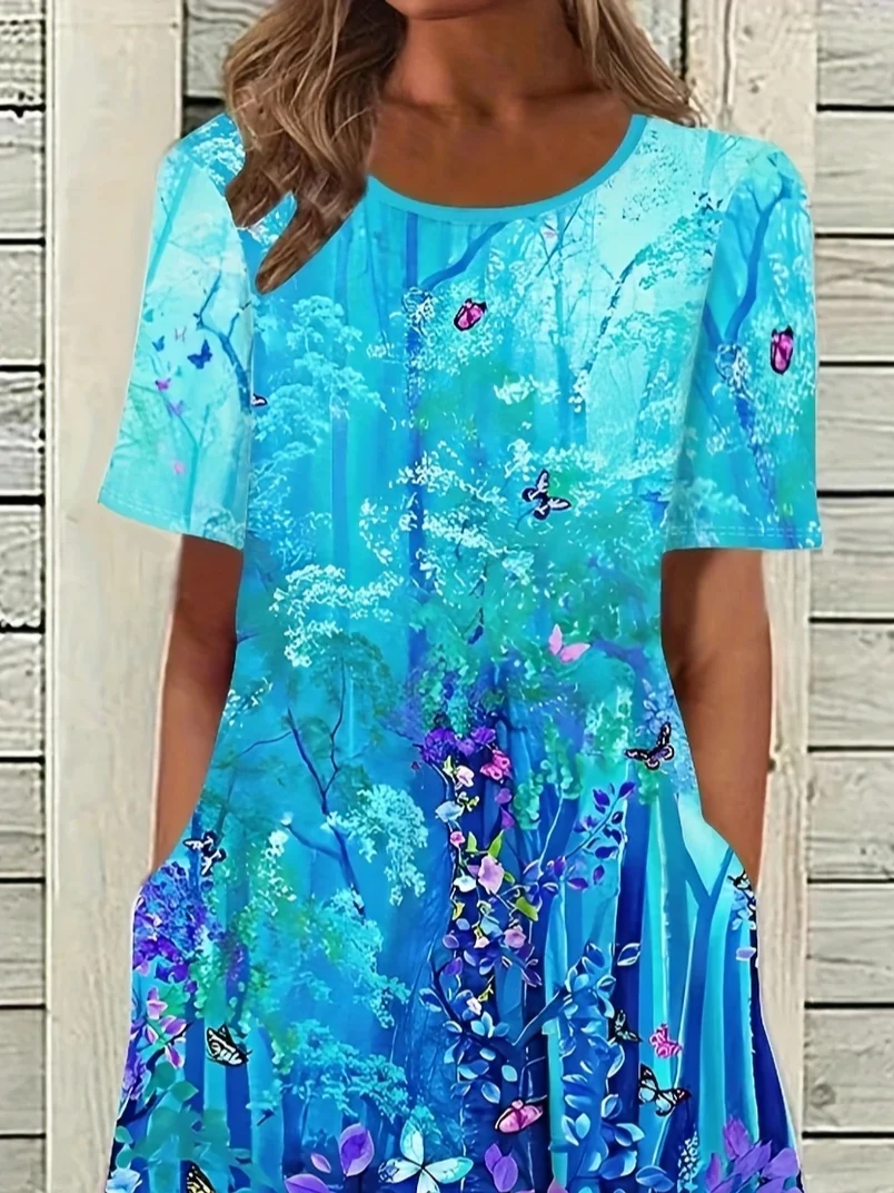 Women Floral Half Sleeve Summer Printing Dress Crew Neck Daily Casual Maxi A-Line Dress