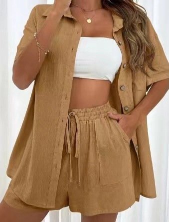 Women Plain Split Joint Two-Piece Set Daily Short Sleeve Casual Summer Top With Pants Matching Set