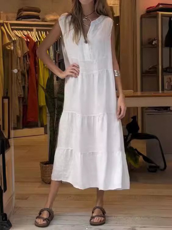 Women Plain Sleeveless Summer Split Joint Dress Half Open Collar Daily Vintage Maxi Tank A-Line Dress