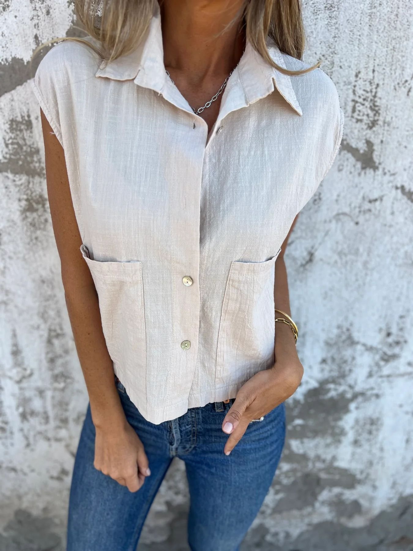 Women Plain Short Sleeve Shirt Summer Buckle Shawl Collar Daily Casual Top
