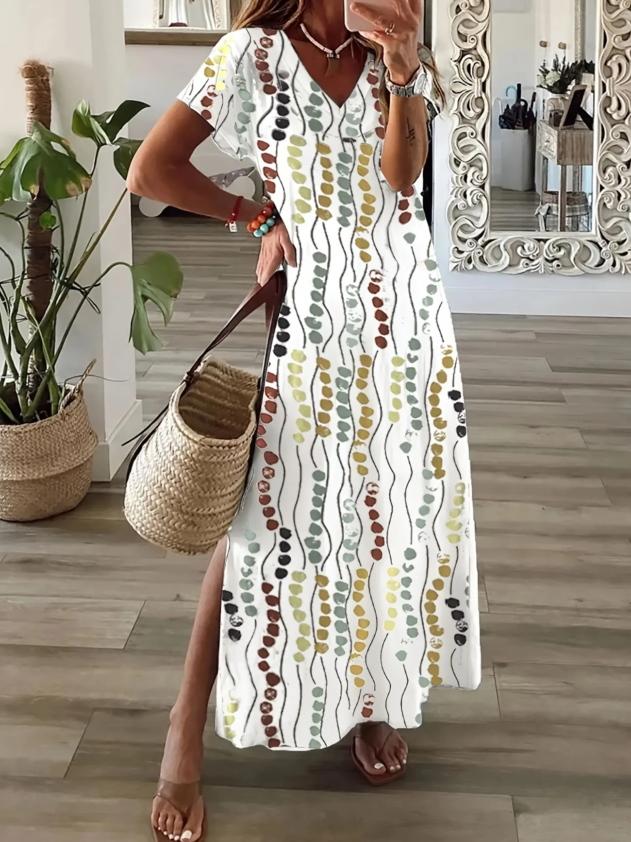 Women Abstract Polka Dots Short Sleeve Summer Printing Dress V Neck Daily Casual Maxi X-Line Dress