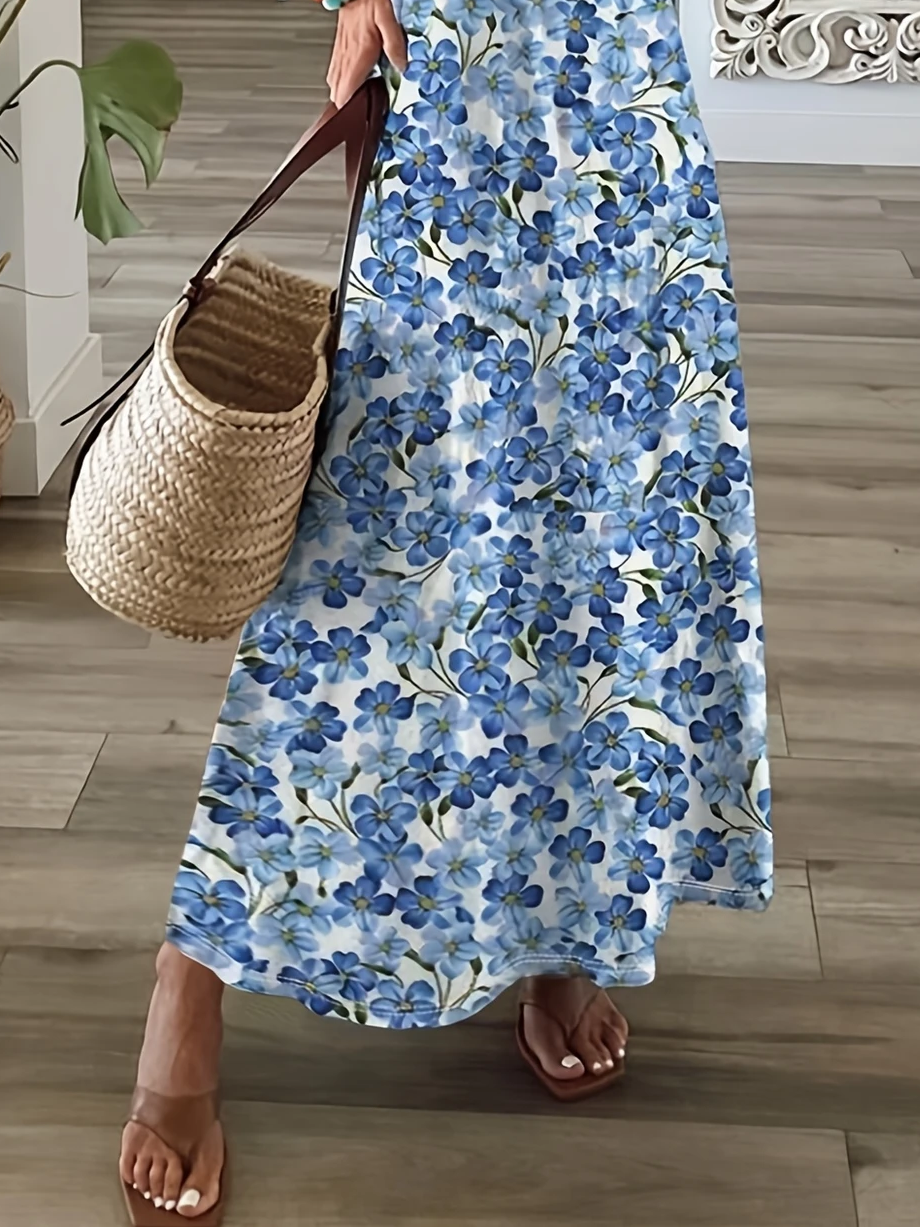 Women Floral Short Sleeve Summer Printing Dress V Neck Daily Casual Maxi X-Line Dress