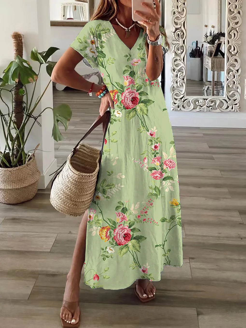 Women Floral Short Sleeve Summer Printing Dress V Neck Daily Casual Maxi X-Line Dress