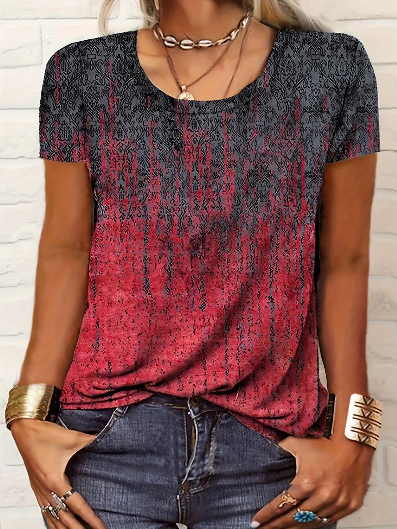 Women Abstract Short Sleeve Tee T-shirt Crew Neck Printing Casual Summer Graphic Tee Top