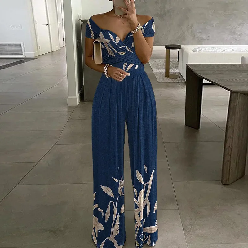 Women Striped Off The Shoulder Short Sleeve Casual Summer Jumpsuit