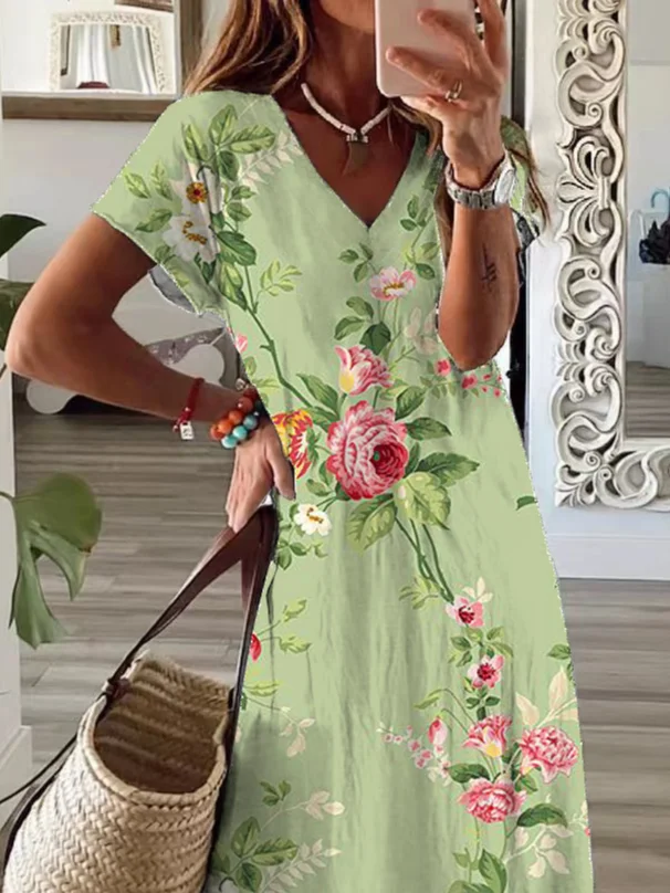Women Floral Short Sleeve Summer Printing Dress V Neck Daily Casual Maxi X-Line Dress