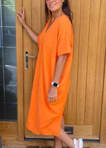 Women Plain Half Sleeve Summer Slit Dress V Neck Daily Casual Maxi Tank A-Line Dress