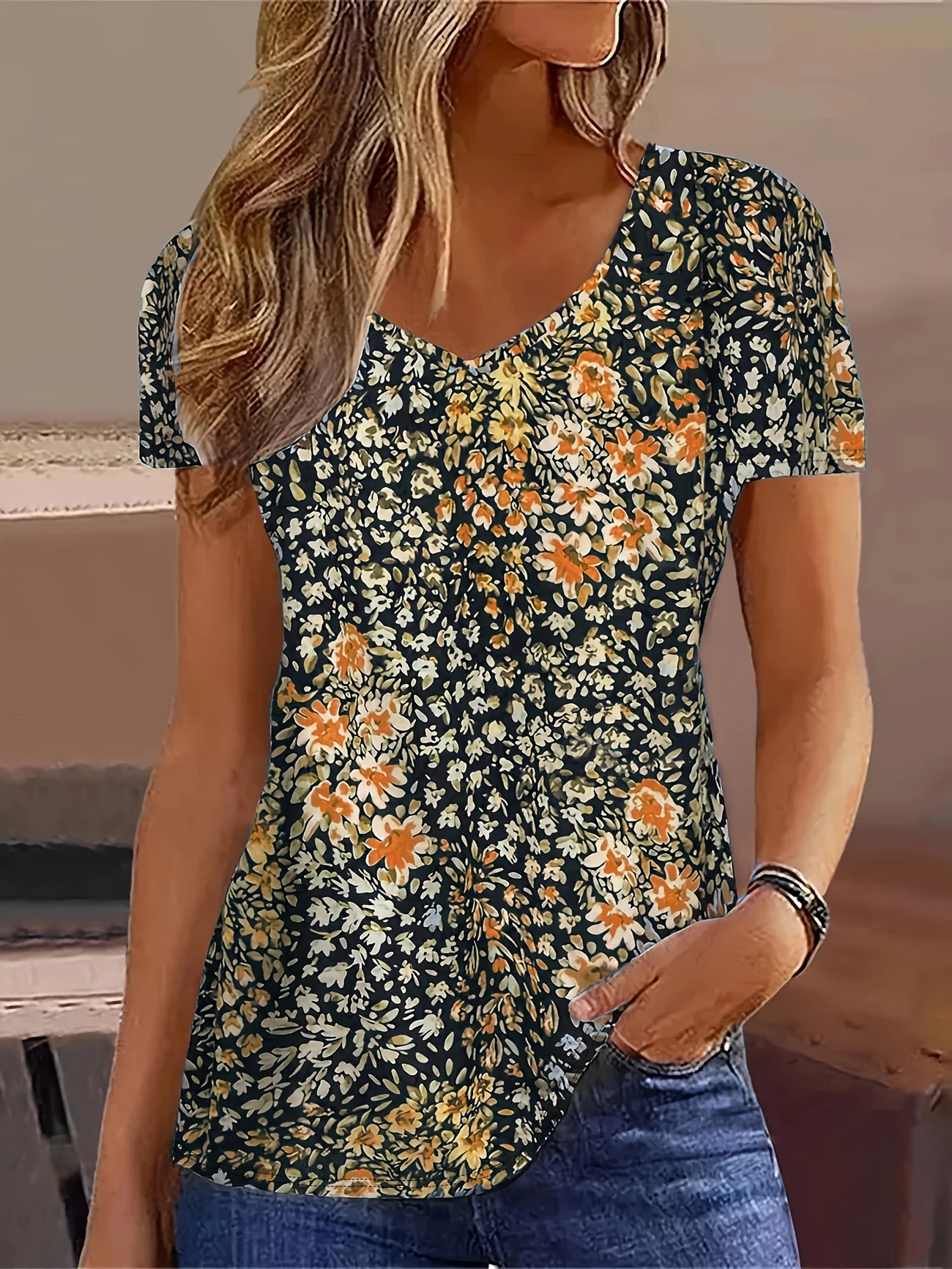 Women Floral Short Sleeve Tee T-shirt V Neck Printing Casual Summer Graphic Tee Top