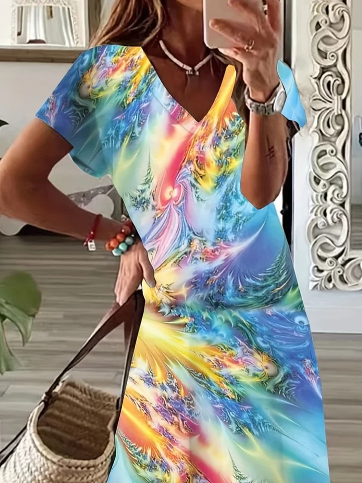 Women Abstract Short Sleeve Summer Printing Dress V Neck Daily Casual Maxi X-Line Dress