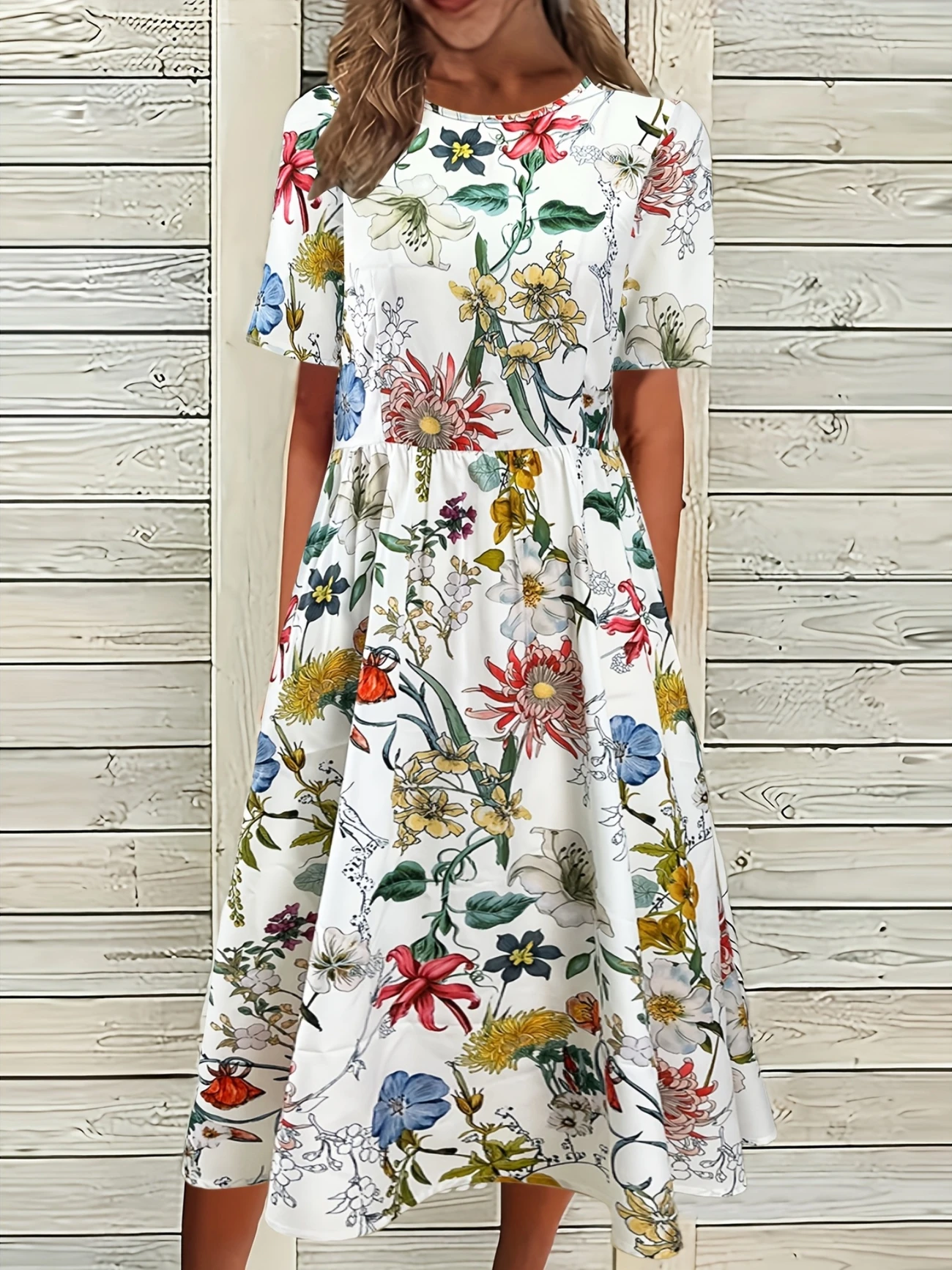 Women Floral Half Sleeve Summer Printing Dress Crew Neck Daily Casual Maxi A-Line Dress