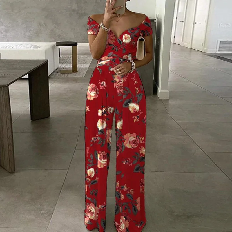 Women Striped Off The Shoulder Short Sleeve Casual Summer Jumpsuit