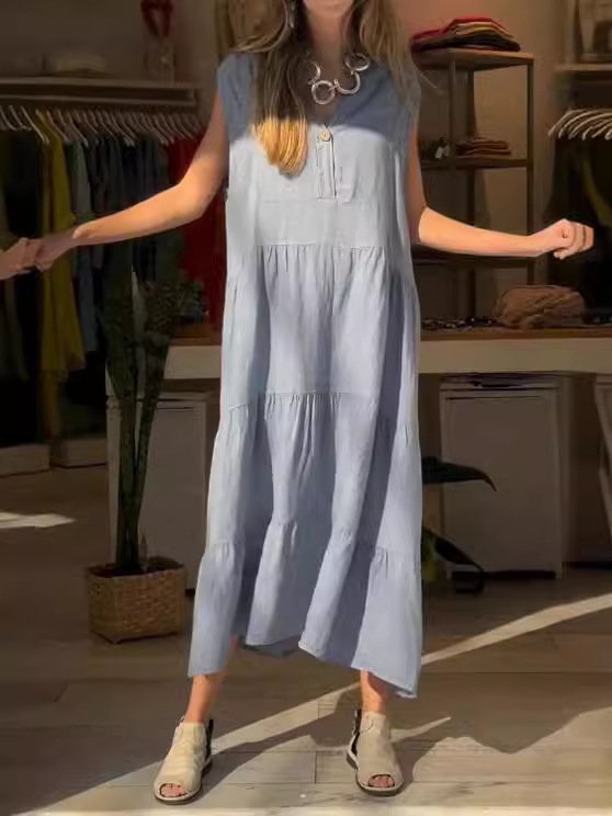 Women Plain Sleeveless Summer Split Joint Dress Half Open Collar Daily Vintage Maxi Tank A-Line Dress