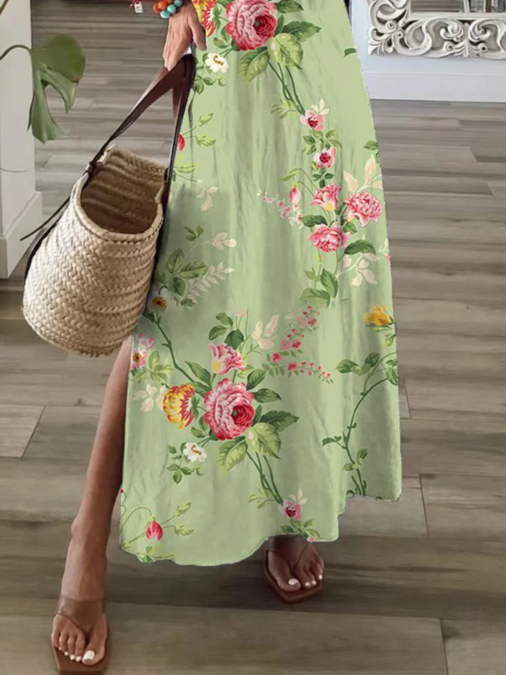Women Floral Short Sleeve Summer Printing Dress V Neck Daily Casual Maxi X-Line Dress