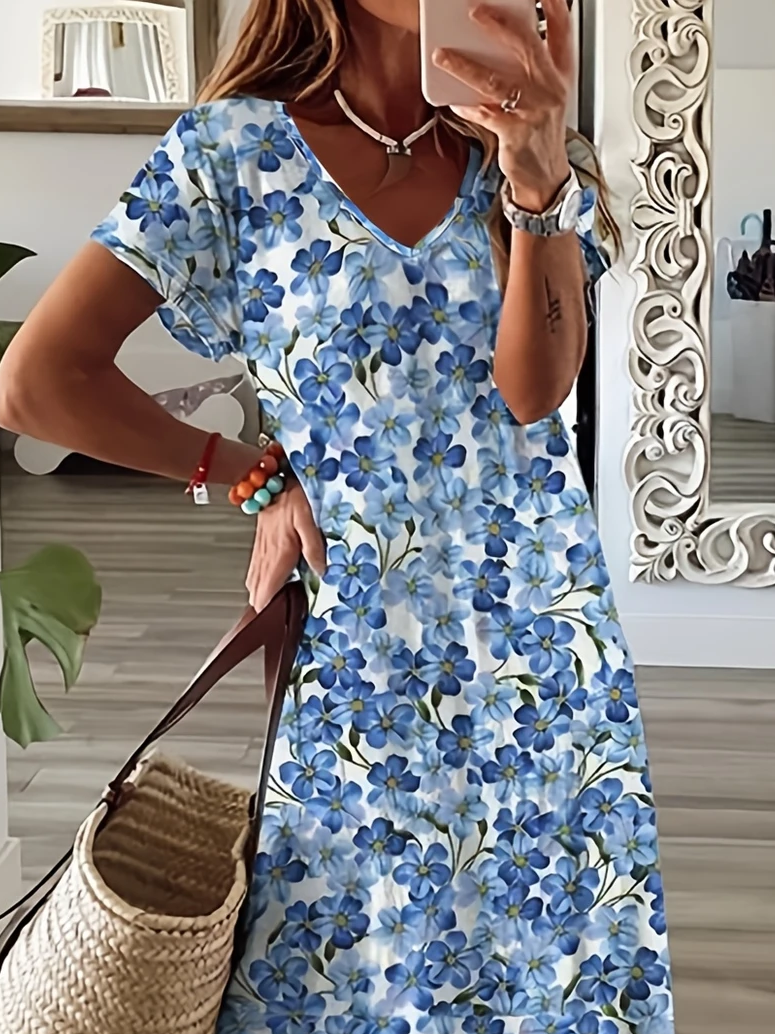 Women Floral Short Sleeve Summer Printing Dress V Neck Daily Casual Maxi X-Line Dress