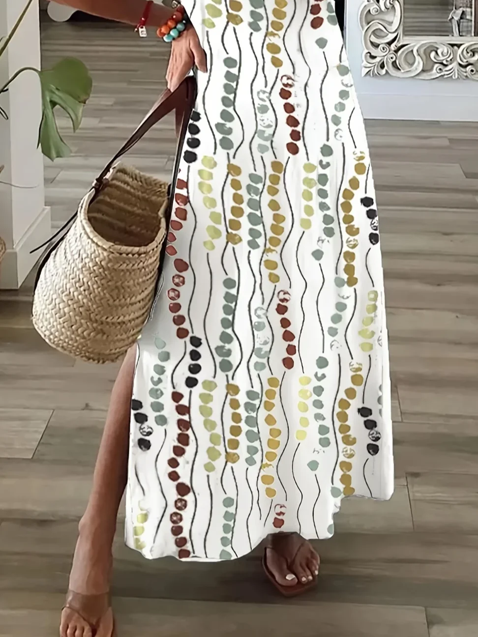 Women Abstract Polka Dots Short Sleeve Summer Printing Dress V Neck Daily Casual Maxi X-Line Dress