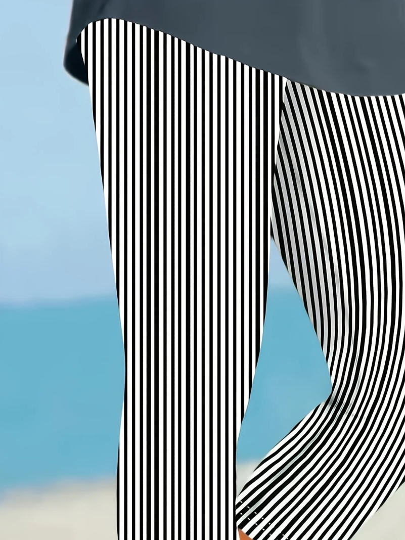 Women Striped Capris Elastic Waist Pants Casual Summer Trousers