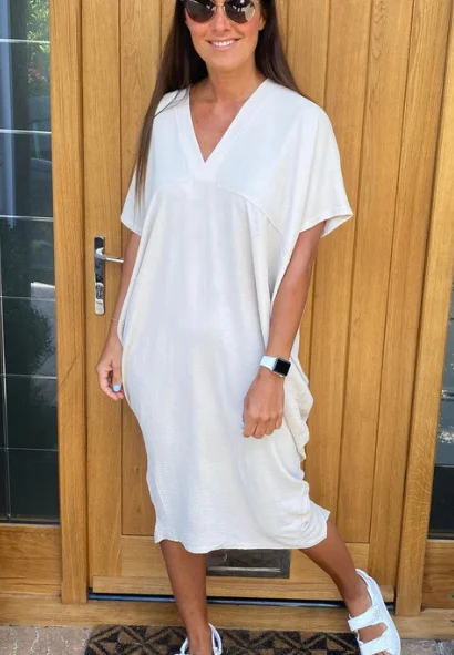 Women Plain Half Sleeve Summer Slit Dress V Neck Daily Casual Maxi Tank A-Line Dress