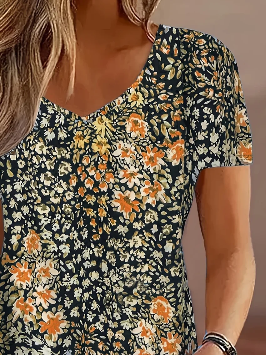 Women Floral Short Sleeve Tee T-shirt V Neck Printing Casual Summer Graphic Tee Top