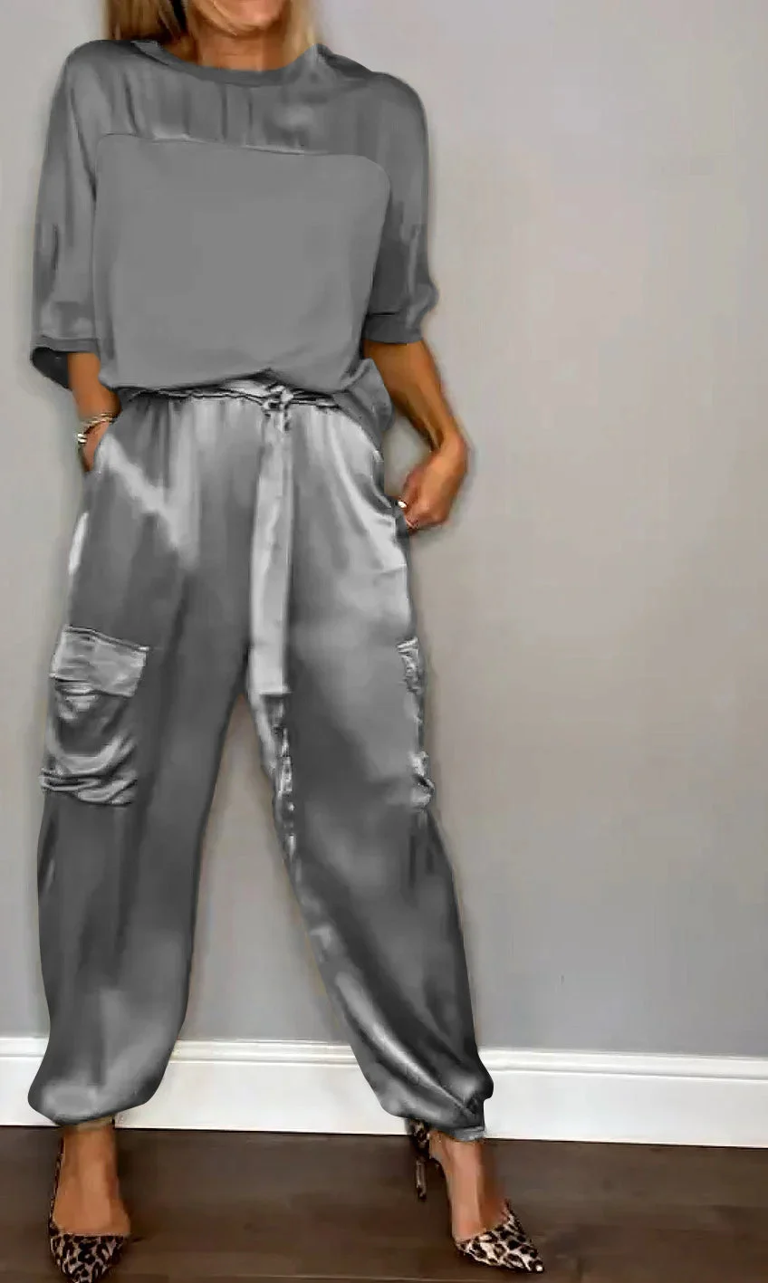 Women Plain Pocket Stitching Two-Piece Set Daily Half Sleeve Casual Summer Top With Pants Matching Set