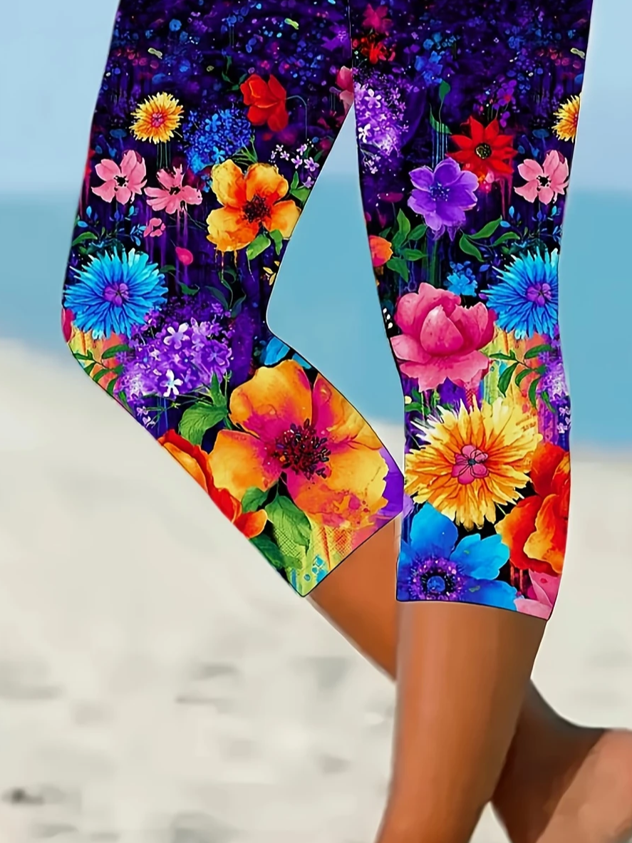 Women Floral Capris Elastic Waist Pants Casual Summer Trousers