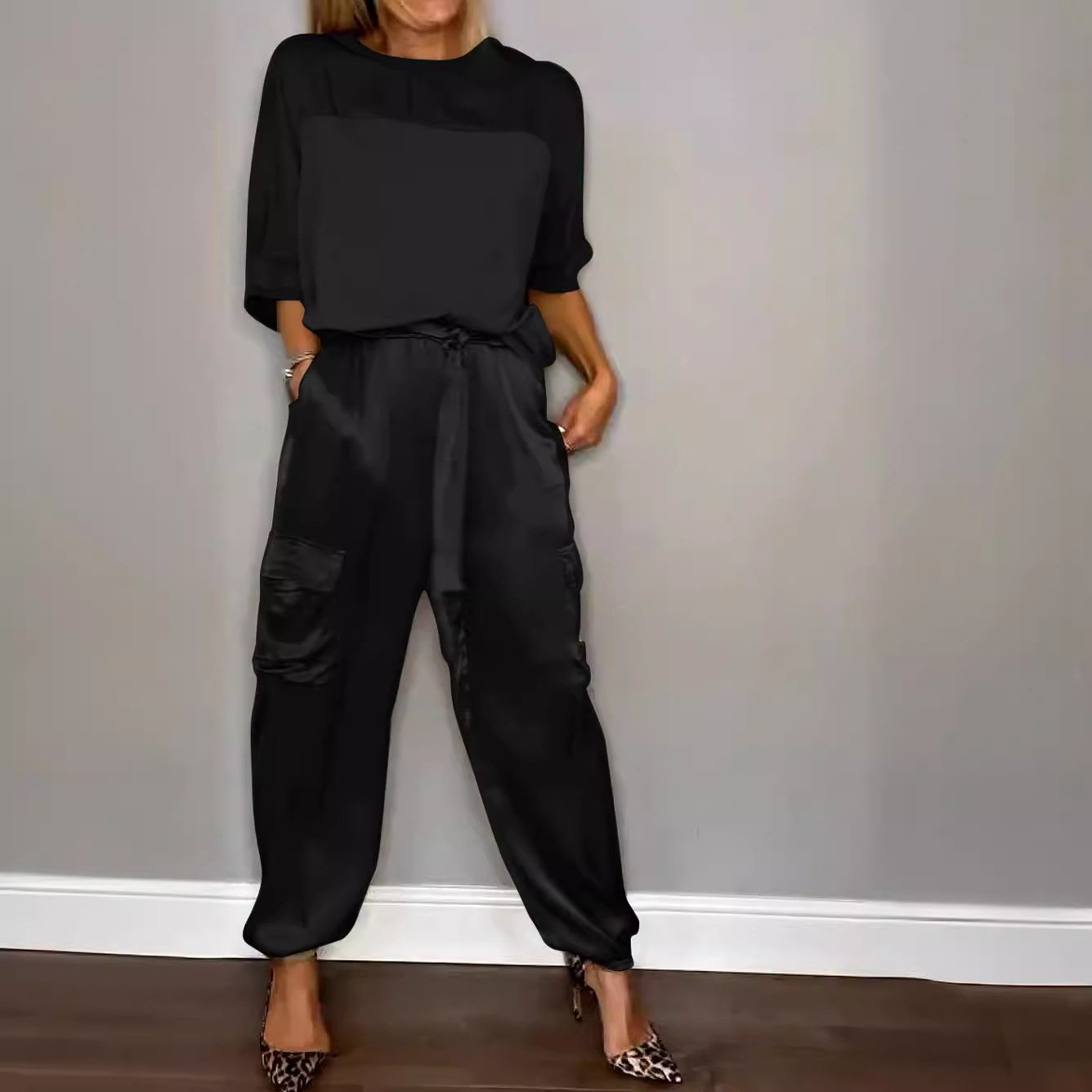 Women Plain Pocket Stitching Two-Piece Set Daily Half Sleeve Casual Summer Top With Pants Matching Set