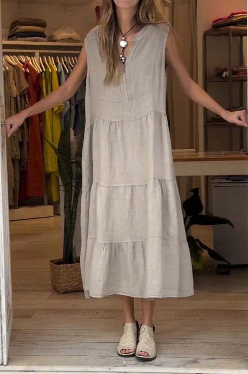 Women Plain Sleeveless Summer Split Joint Dress Half Open Collar Daily Vintage Maxi Tank A-Line Dress