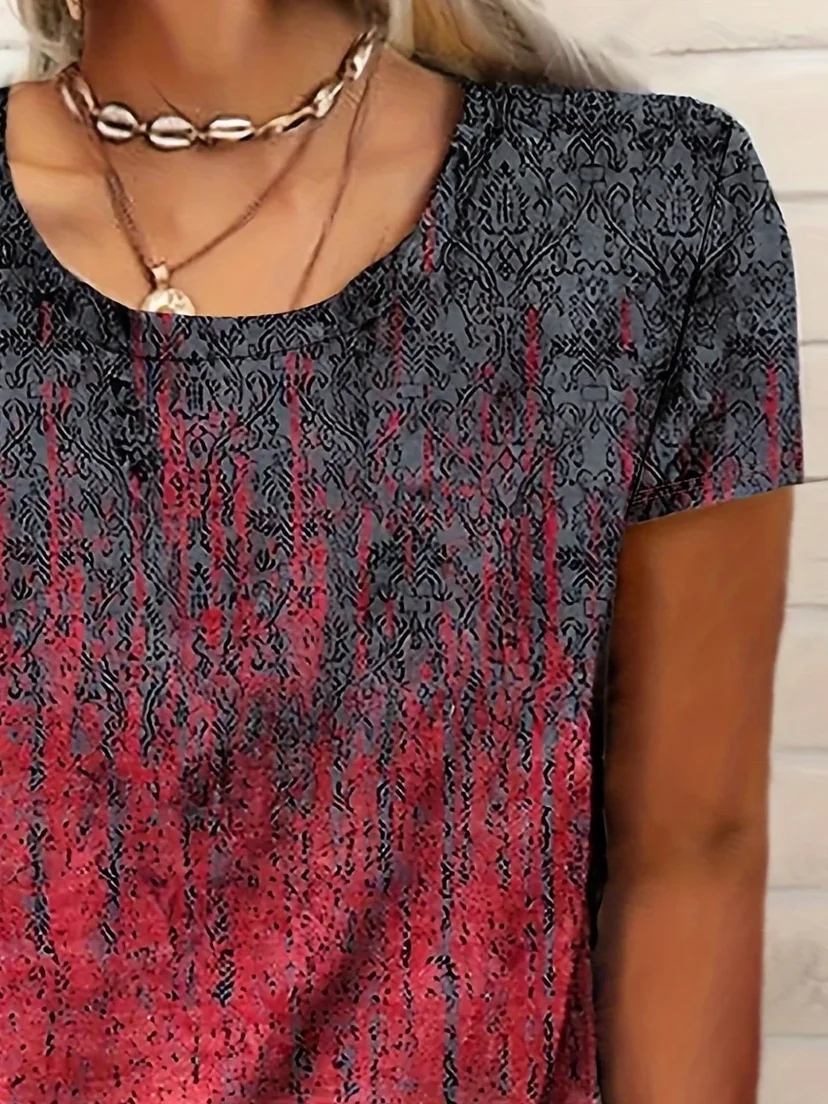 Women Abstract Short Sleeve Tee T-shirt Crew Neck Printing Casual Summer Graphic Tee Top