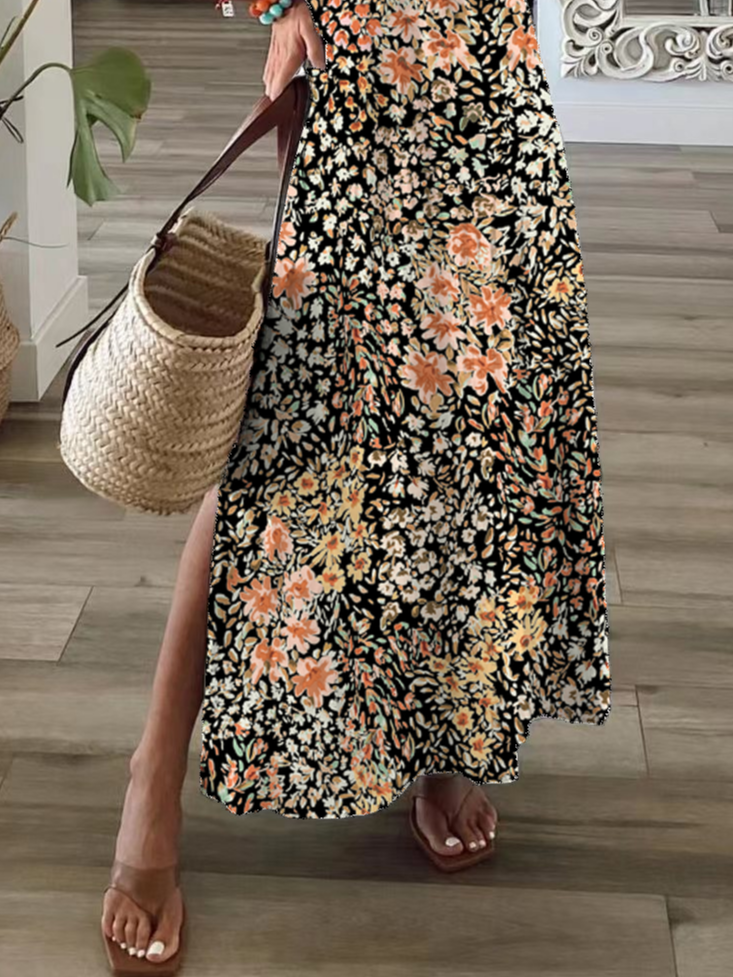Women Floral Short Sleeve Summer Printing Dress V Neck Daily Casual Maxi X-Line Dress