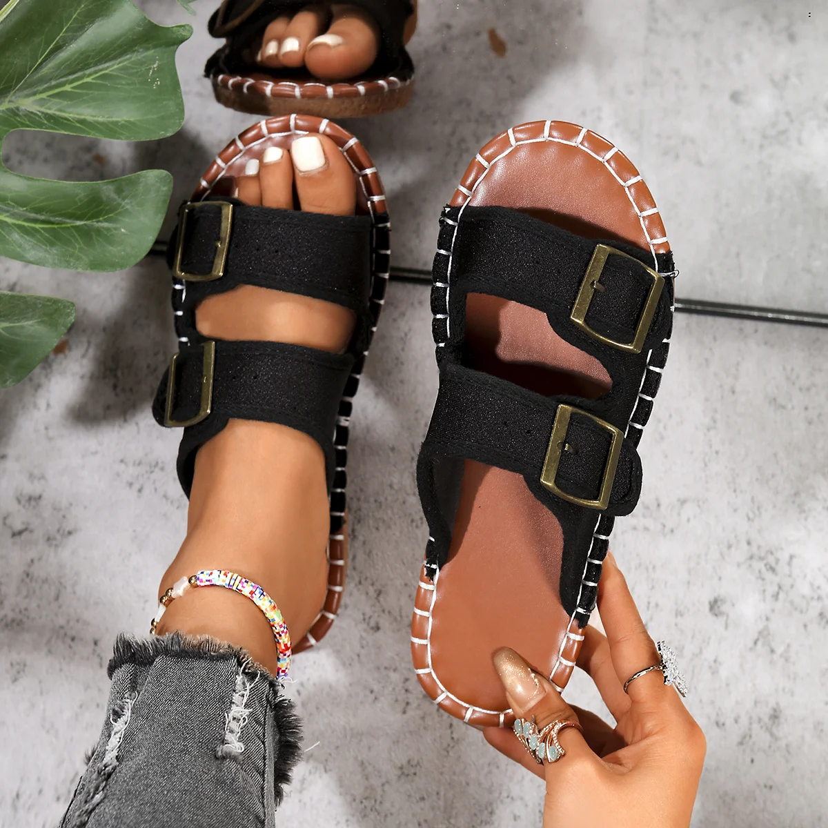 Summer Casual Fabric Plain Slide Sandals