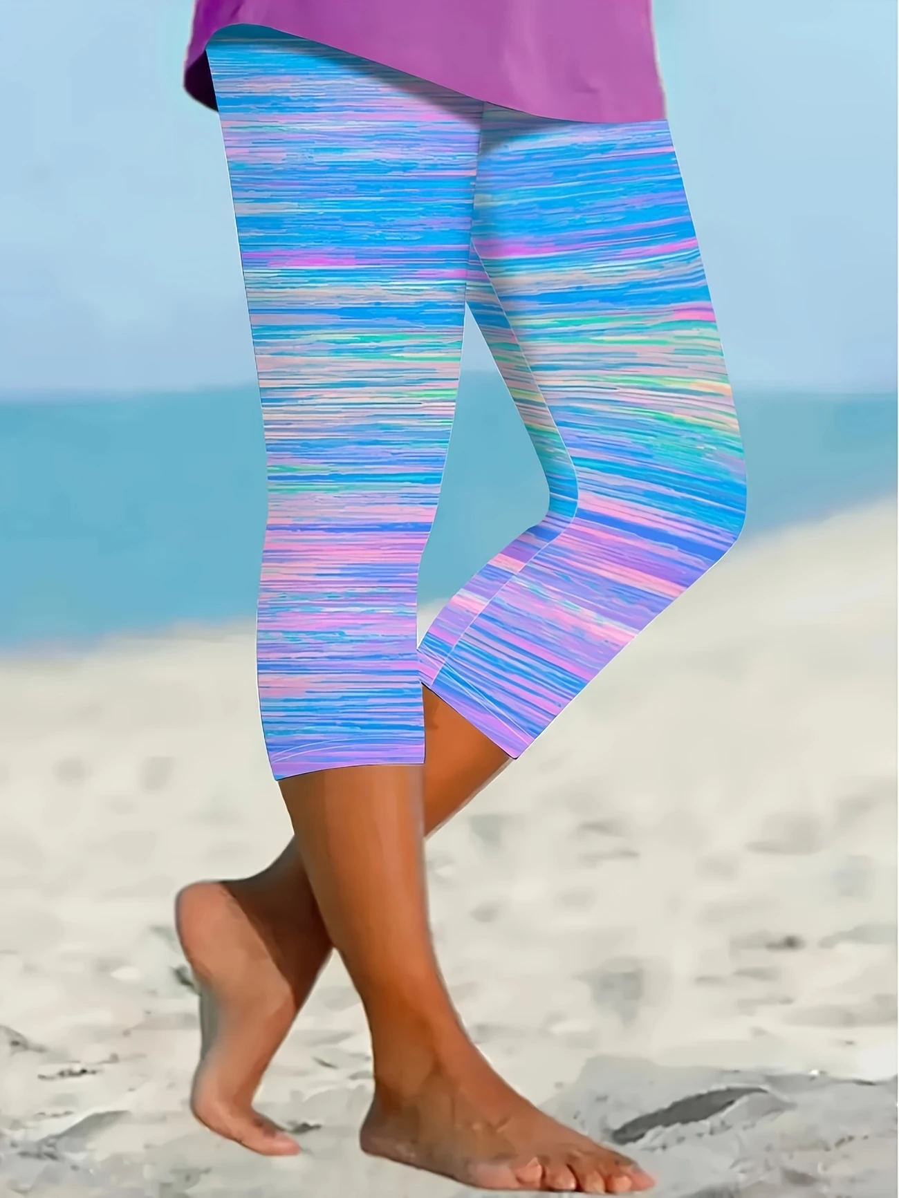 Women Striped Capris Elastic Waist Pants Casual Summer Trousers